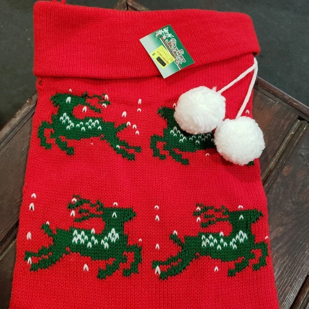 Vintage Retro Knit REINDEER‎ Christmas Stocking Red Green 36